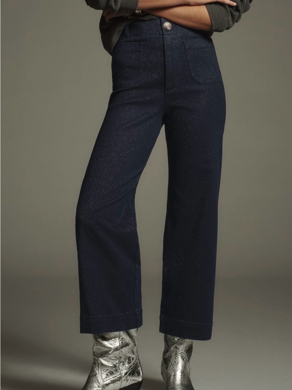 Navy Sparkle Wide-Leg Crop Pants by Anthropologie